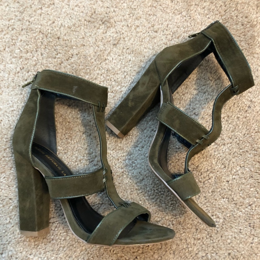 Olive green suede like high heel sandals 8.5